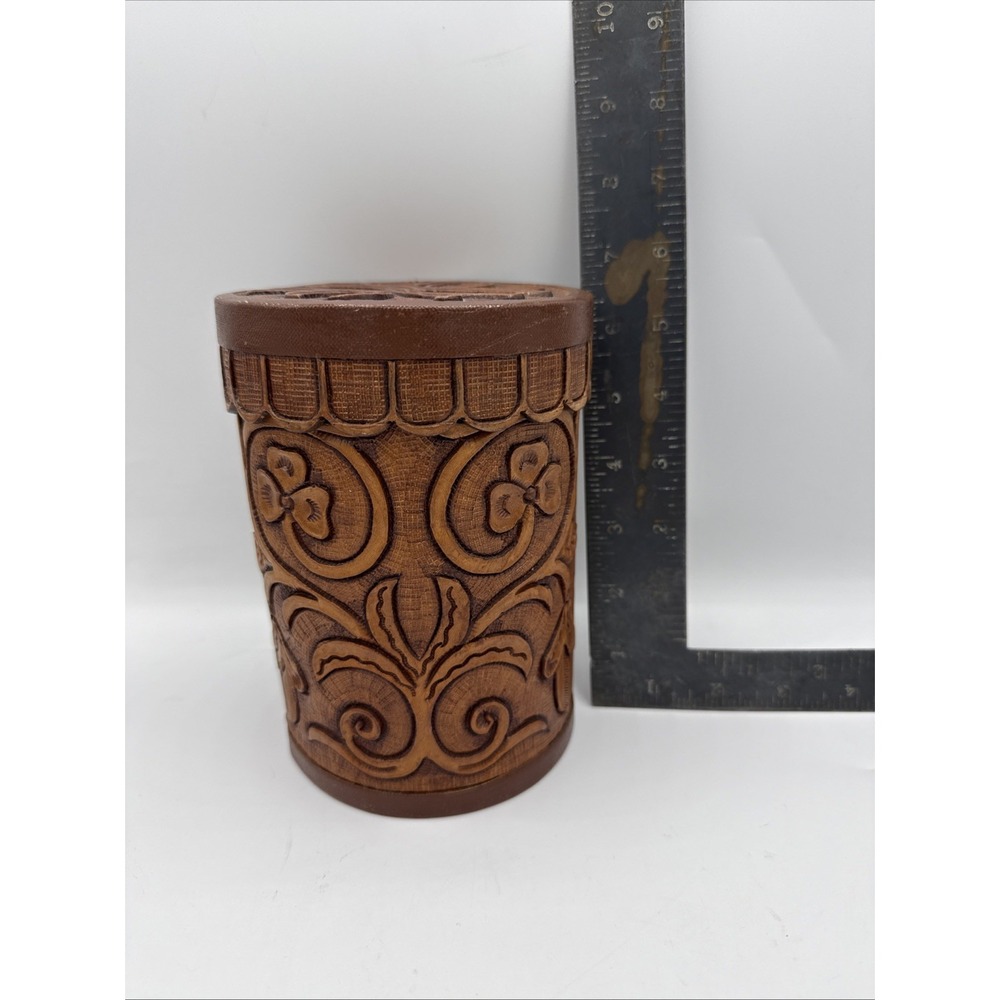 Vintage Hand Tooled Saddle Leather Container Vase Floral Old Western Style